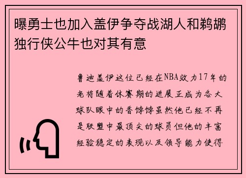 曝勇士也加入盖伊争夺战湖人和鹈鹕独行侠公牛也对其有意
