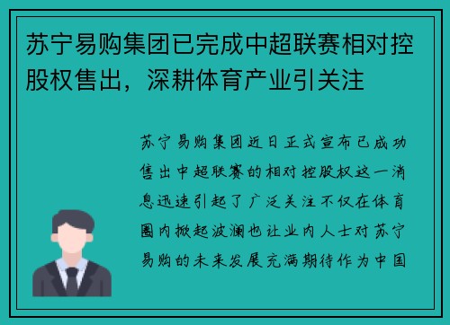 苏宁易购集团已完成中超联赛相对控股权售出，深耕体育产业引关注