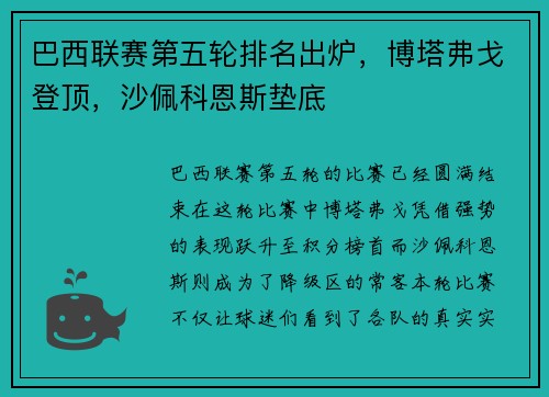 巴西联赛第五轮排名出炉，博塔弗戈登顶，沙佩科恩斯垫底