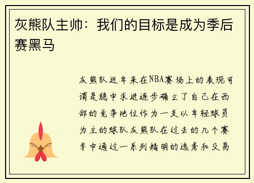 灰熊队主帅：我们的目标是成为季后赛黑马