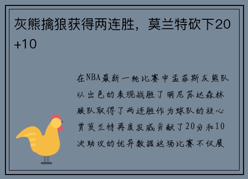 灰熊擒狼获得两连胜，莫兰特砍下20+10