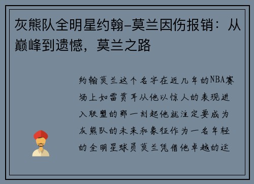 灰熊队全明星约翰-莫兰因伤报销：从巅峰到遗憾，莫兰之路