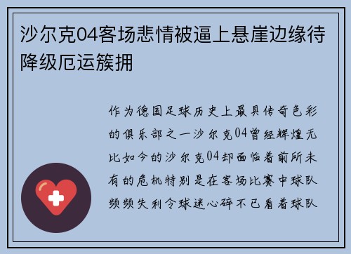 沙尔克04客场悲情被逼上悬崖边缘待降级厄运簇拥