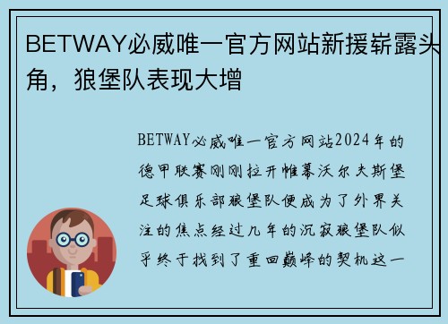 BETWAY必威唯一官方网站新援崭露头角，狼堡队表现大增